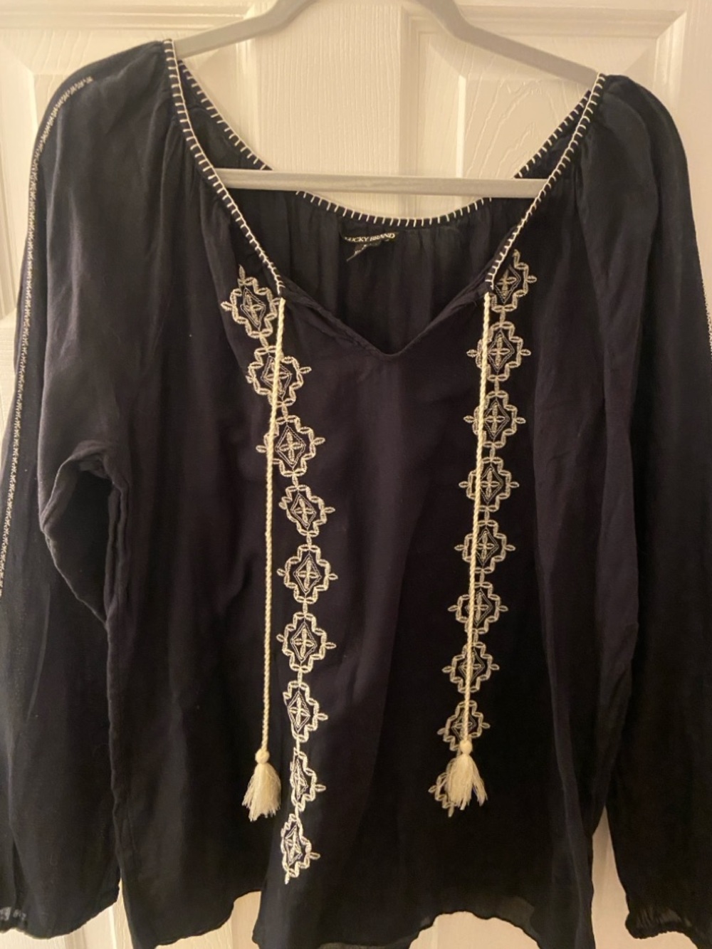 Lucky Brand Black Peasant Tunic with Cream Embroidery and Tassels
